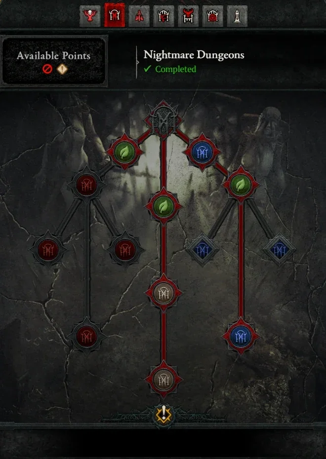 Diablo 4 War Plans tree for Nightmare Dungeons, with Cliptis' chosen path highlighted in red