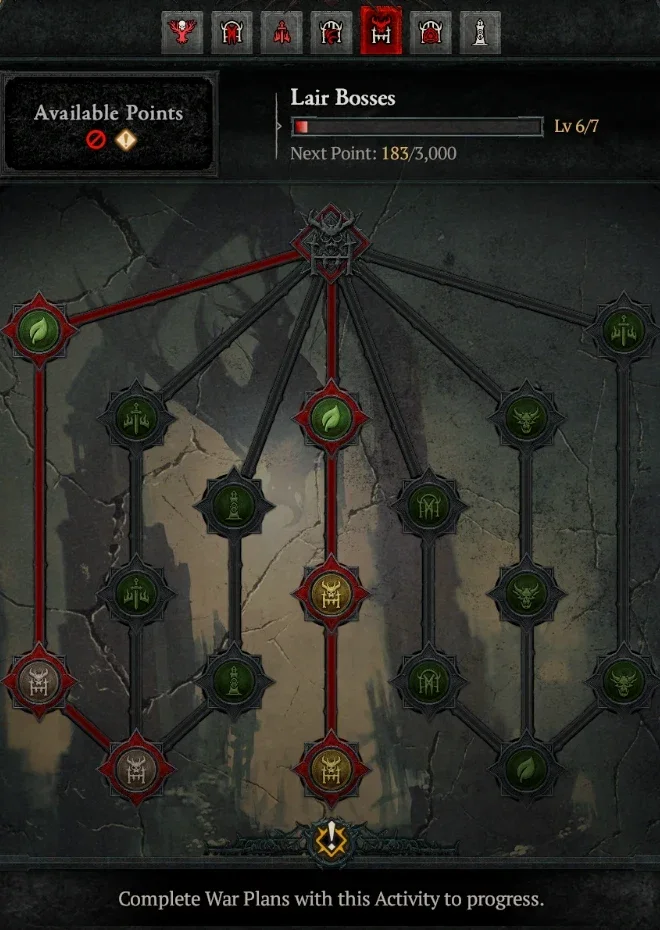 Diablo 4 War Plans tree for Lair Bosses, with Cliptis' chosen path highlighted in red