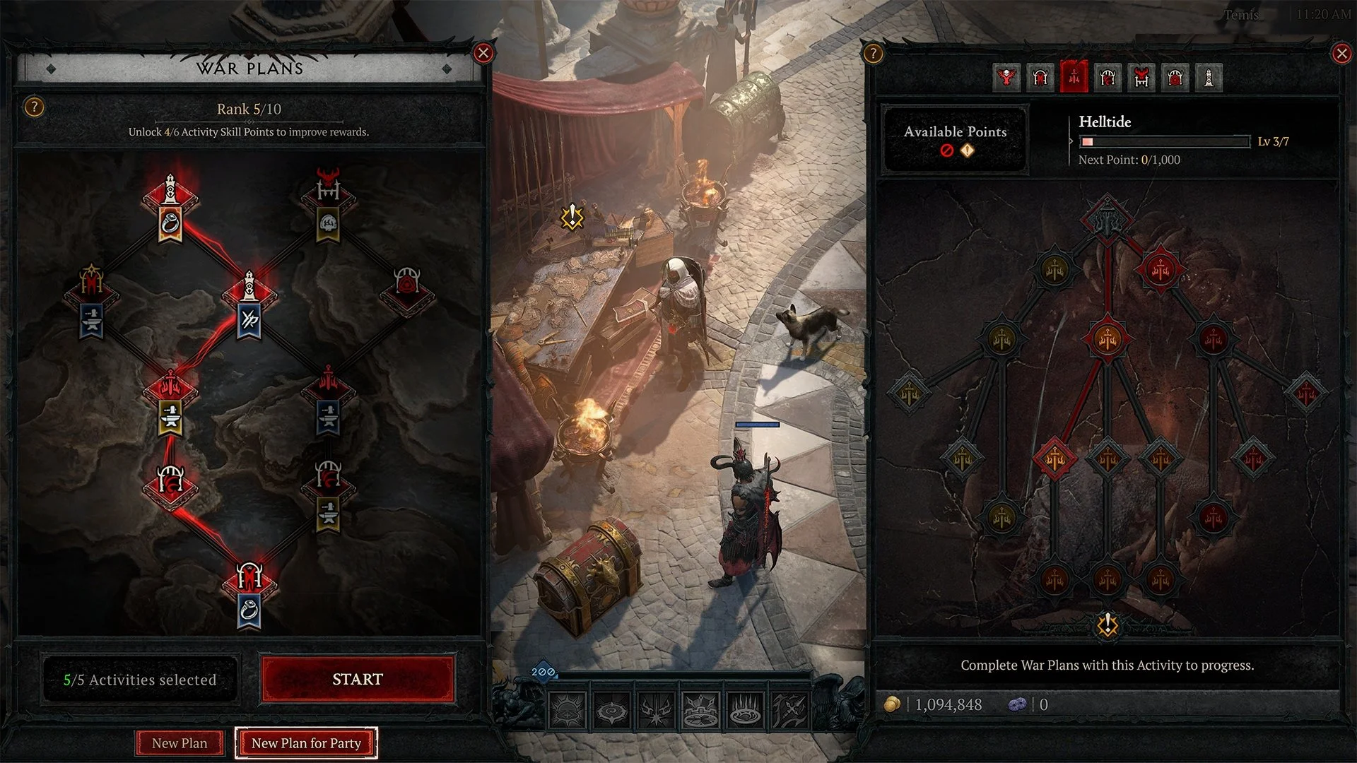 Screenshot of a video game interface showing a war plan tree, a character in a marketplace, and game resources. The left side displays a progression tree with nodes connected by lines, and the right side shows a detailed war plan with upgrades. The in-game clock shows 11:20 AM, and player resources include over 1 million coins.