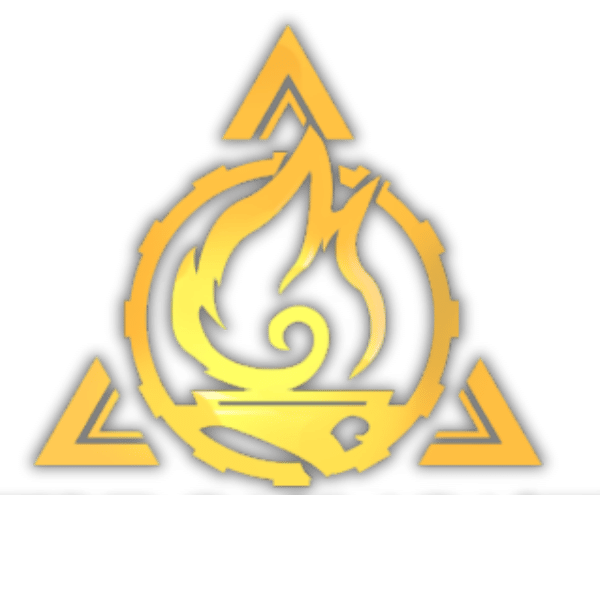 A stylized emblem featuring a yellow flame inside a triangular frame with three outer triangular points.