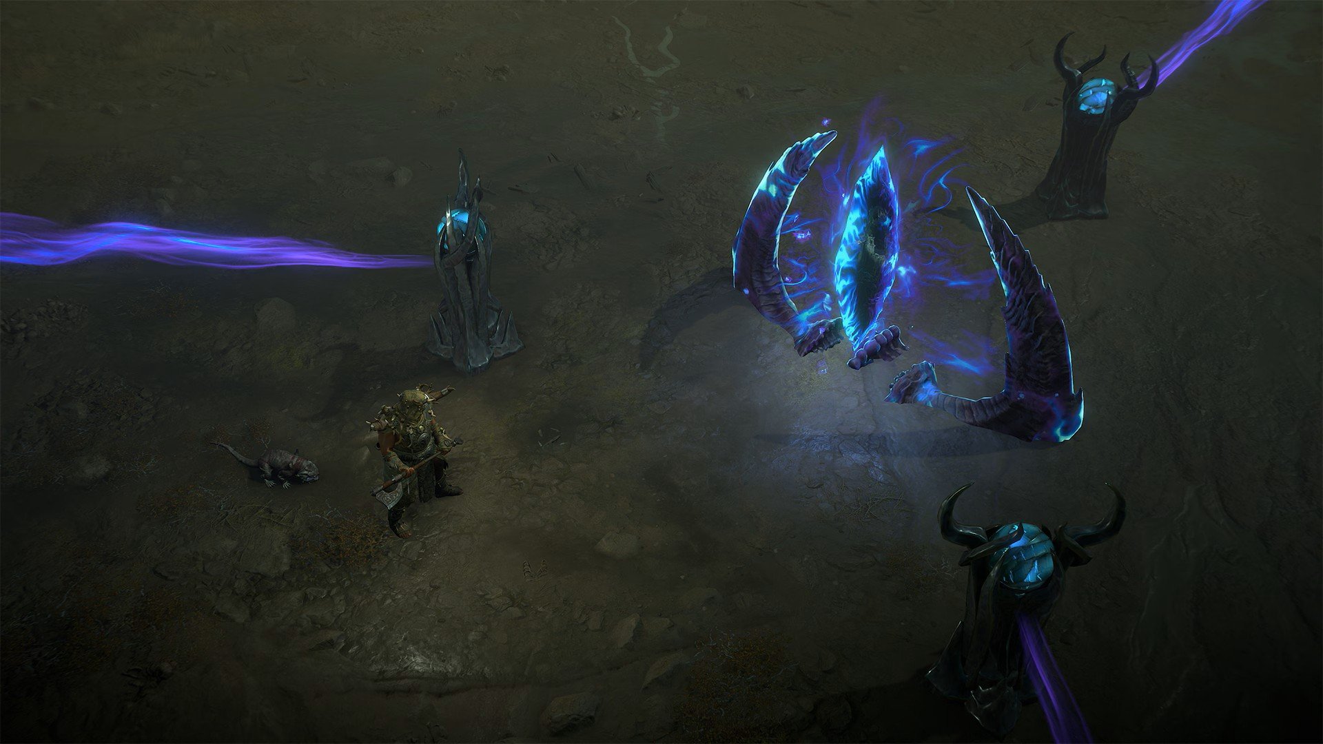 A character in armor stands in a dark, rocky environment surrounded by glowing, alien-like structures emitting purple and blue energy.