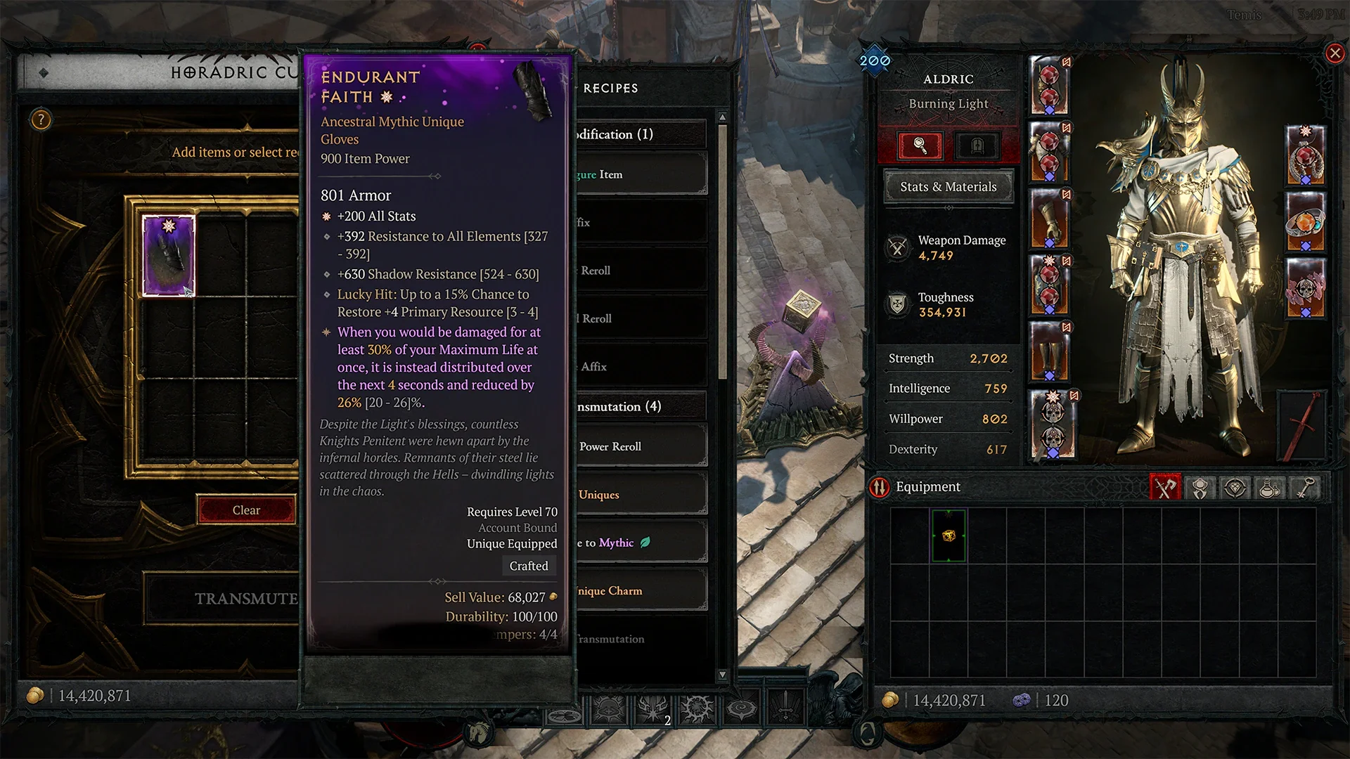 Screen from a video game showing character equipment and inventory screens, with a highlighted purple glove named 'Endurant Faith' in the inventory.