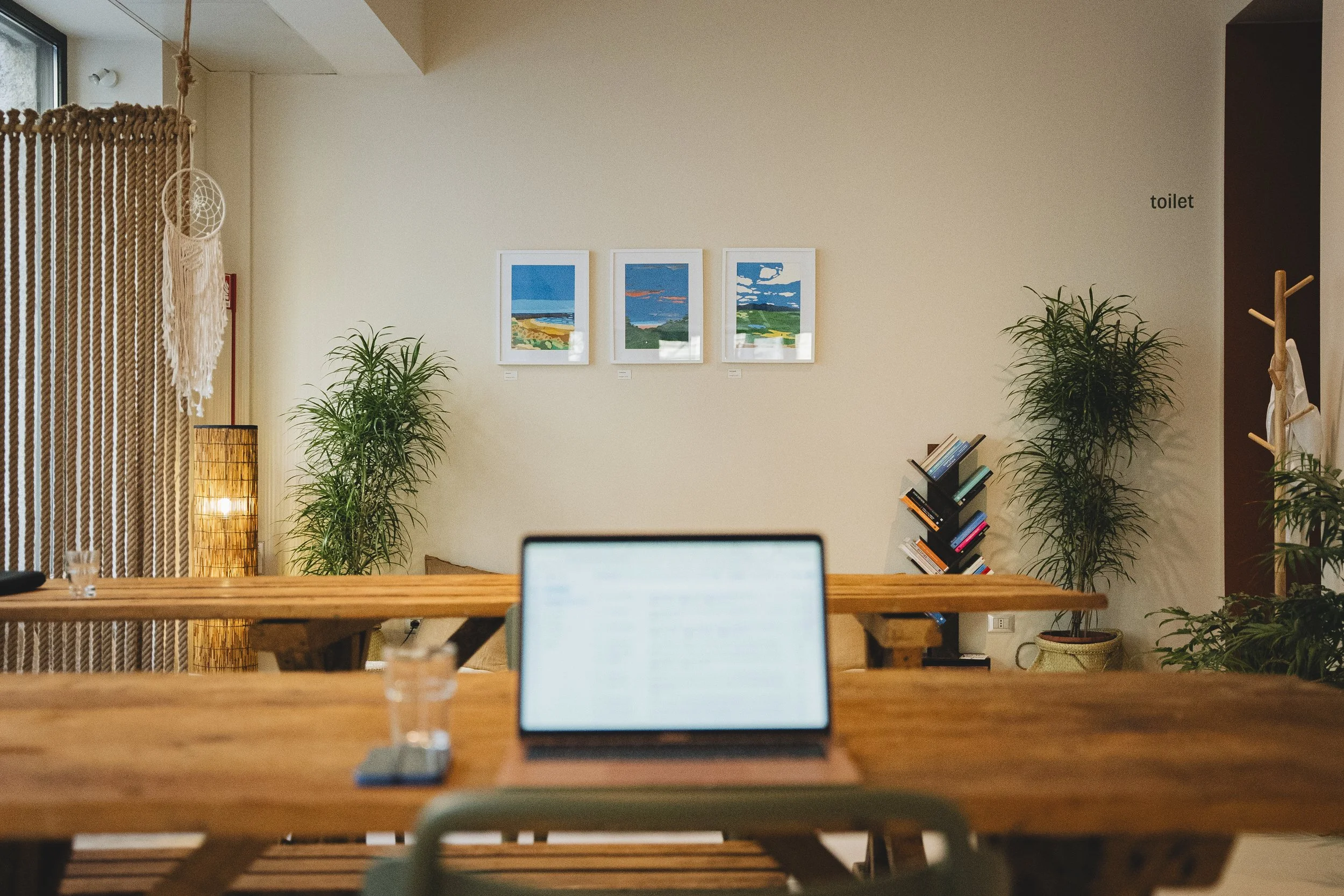 A modern office space featuring a wooden table with a laptop, a glass of water, and a smartphone. In the background, a beige wall displays three colorful landscape paintings, with two green plants on either side. To the right, an area labeled 'toilet' is visible, and to the left, a decorative dreamcatcher and a tall woven lamp are seen.