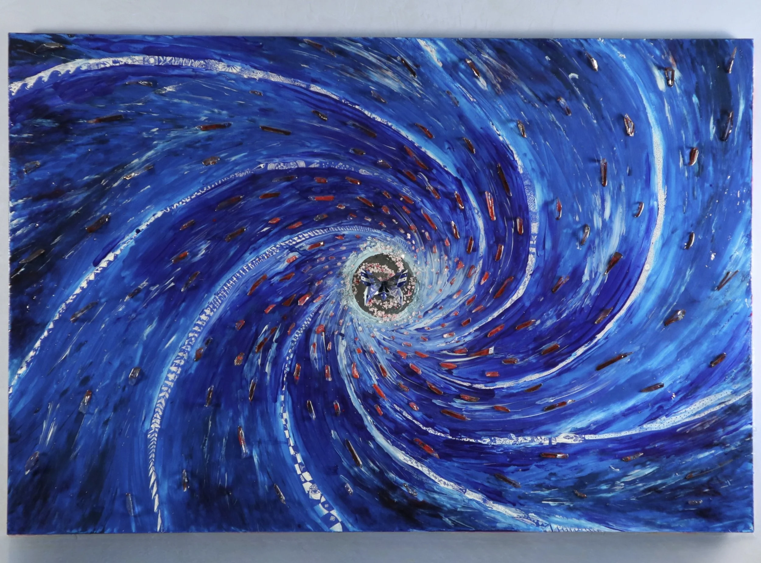 A painting of a swirling, turbulent blue ocean with abstract streaks of white and dark shades, depicting a stormy sea or hurricane.