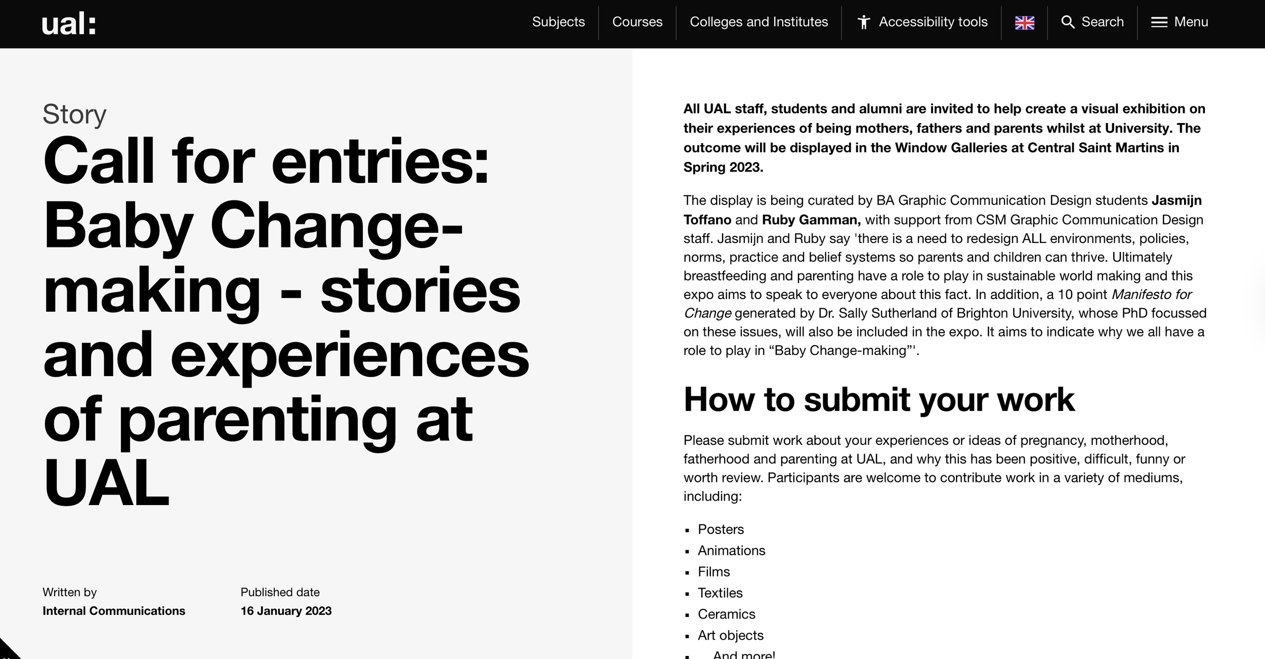 UAL Call for entries 2022