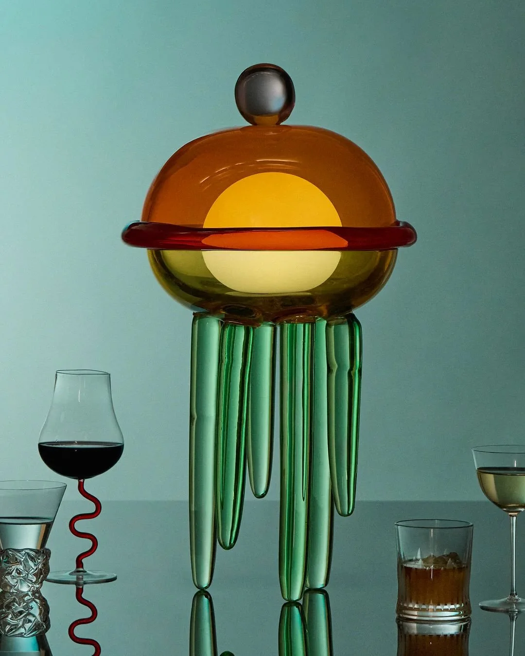 &bull; P U L P O P O L I S  x A B A S K &bull; 
The Pulpopolis collection now available @__abask__ 
A series of hand-blown Murano glass rechargeable, portable table lamps that are part creature, part candy-colored orb. First floating onto the design 