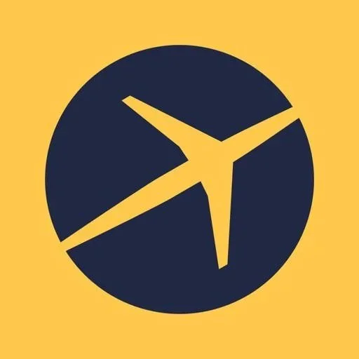 Logo with a black circle and a stylized yellow airplane inside on a yellow background.