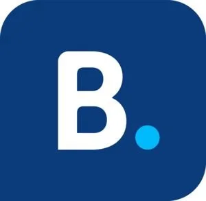Blue square icon with rounded corners, featuring a large white letter B and a small blue dot.