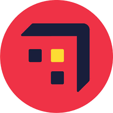 A red circular background with a black and yellow abstract graphic resembling a stylized letter or symbol.