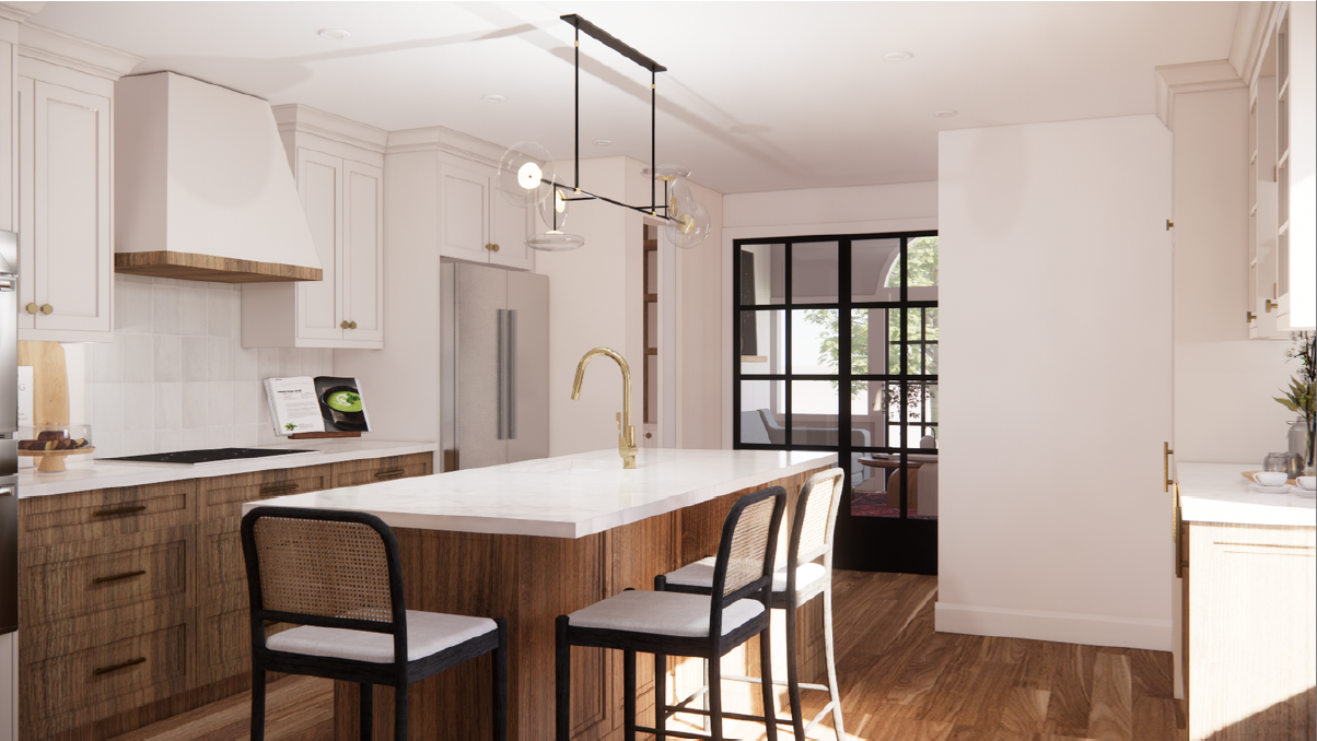 Modern kitchen with white cabinets, a central island with a white countertop, wooden lower cabinets, a gold faucet, and black framed glass doors leading to a sunroom or outdoor sitting area.