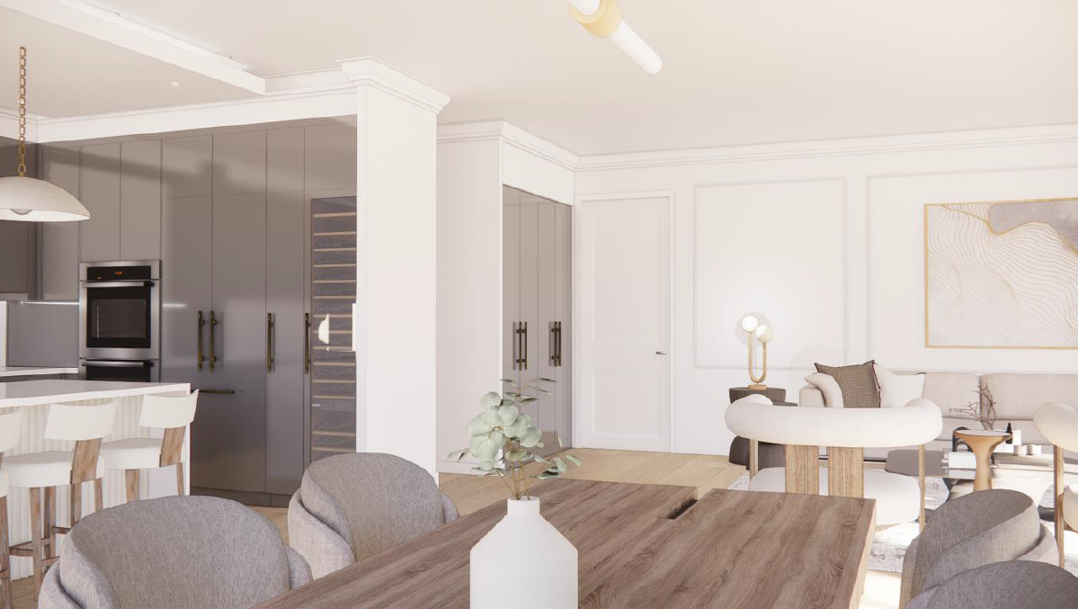 Modern open-concept living room and kitchen with gray cabinets, white walls, a dining table, and neutral-colored furniture.