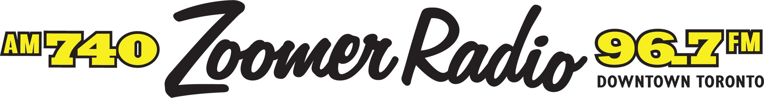 Radio station logo for ZOOMER Radio featuring frequencies AM 740 and FM 96.2, with the tagline Downtown Toronto.
