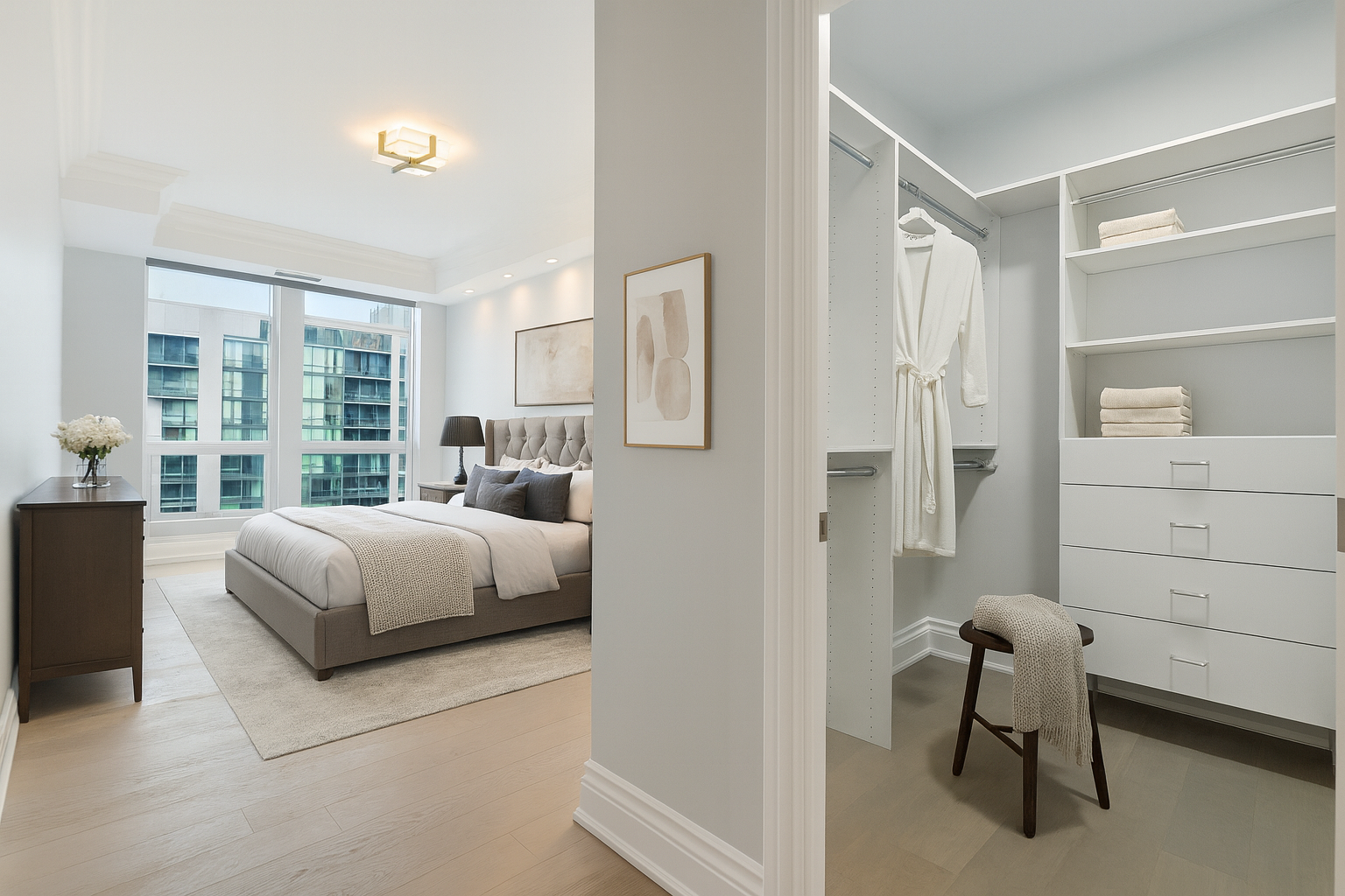 Bedroom with large window, beige bed, dark pillows, nightstand with lamp, artwork, and closet with towels and robes.