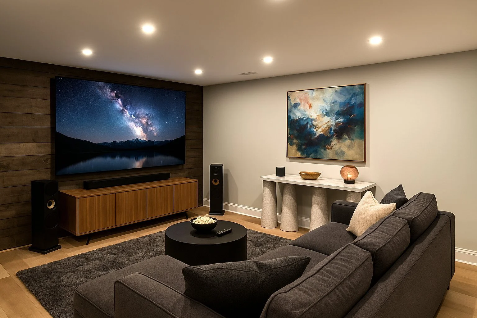 Modern living room with a large wall-mounted TV showing a night sky with stars and the Milky Way above mountains reflected in a lake, dark wood panel wall behind the TV, a gray sofa with pillows, a black round coffee table with popcorn and a remote, abstract painting on a light-colored wall, decorative objects on a white console table, and speakers on either side of the TV.