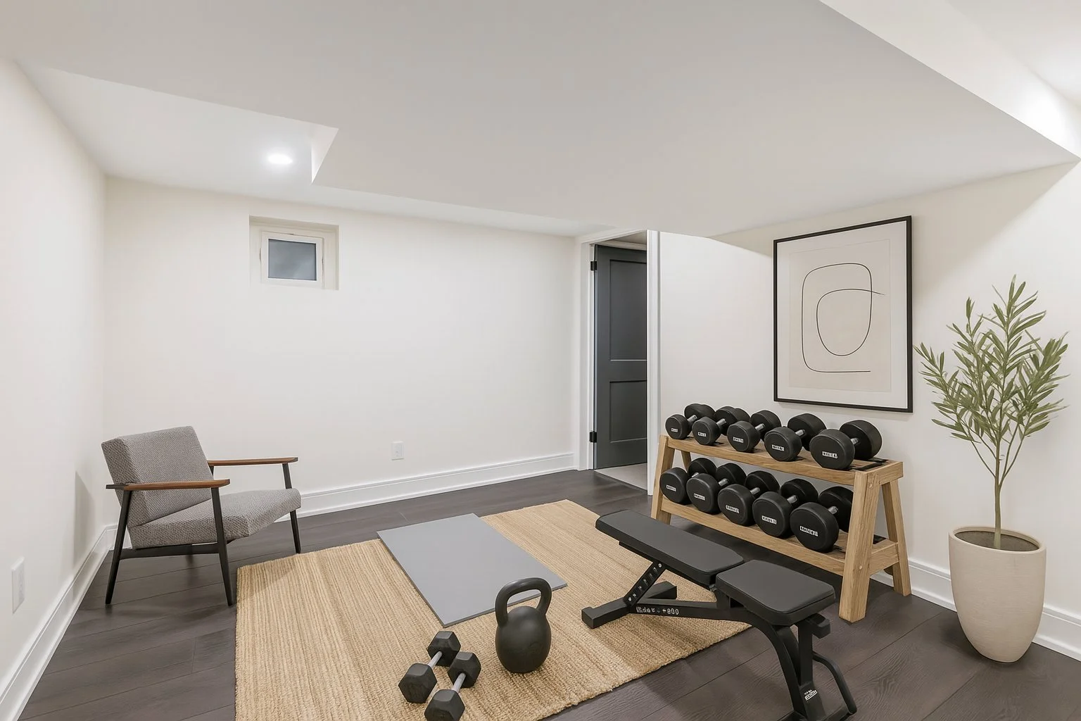 Home gym with dumbbells, a weight bench, kettlebell, yoga mat, and chair, with a large abstract picture on the wall and a potted plant in a modern room.