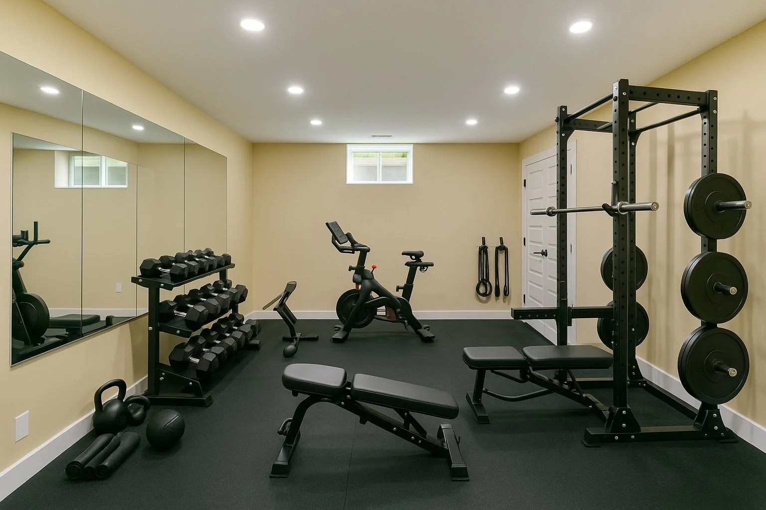 Home gym with weight rack, dumbbells, exercise bike, adjustable bench, kettlebells, medicine ball, foam rollers, hanging resistance bands, and power rack with weight plates.