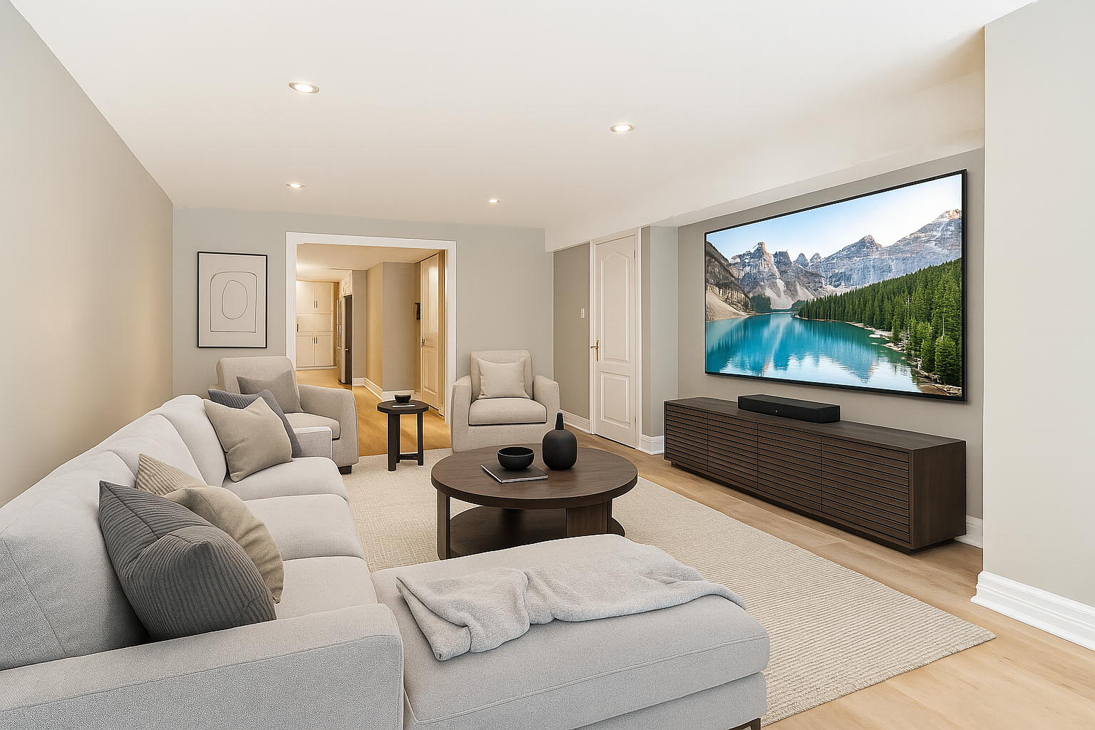 Living room with beige sofa, armchairs, wooden coffee table, large flat-screen TV, and minimal decor in neutral tones.