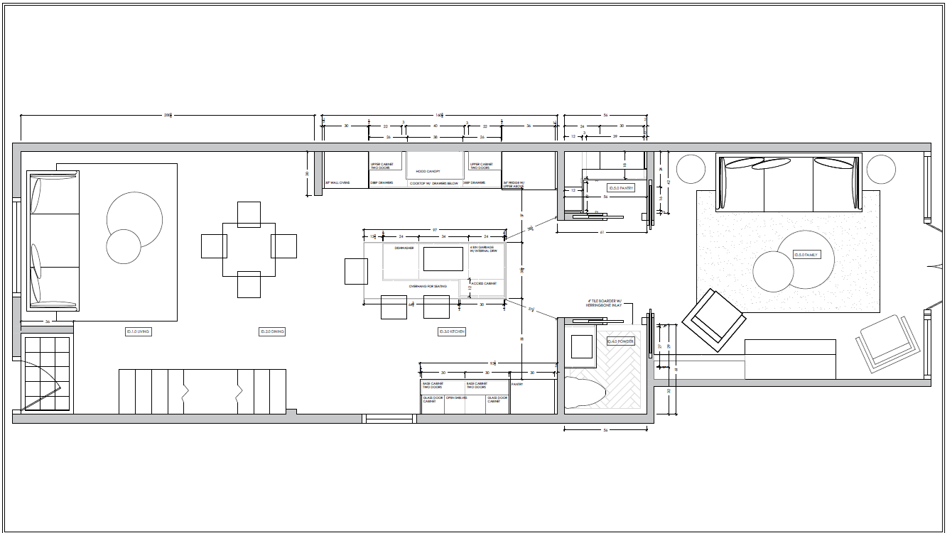 Architectural floor plan of a residential living space, including a living room, dining area, kitchen, bathroom, and bedrooms with detailed measurements and layout.