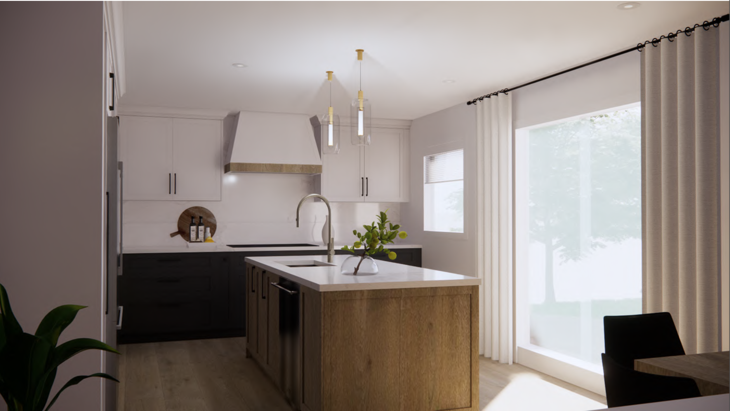 Modern kitchen with white upper cabinets, dark lower cabinets, an island with a white countertop and a small plant in a glass vase. There are pendant lights above the island, a window and sliding glass door with curtains, and a black chair nearby.