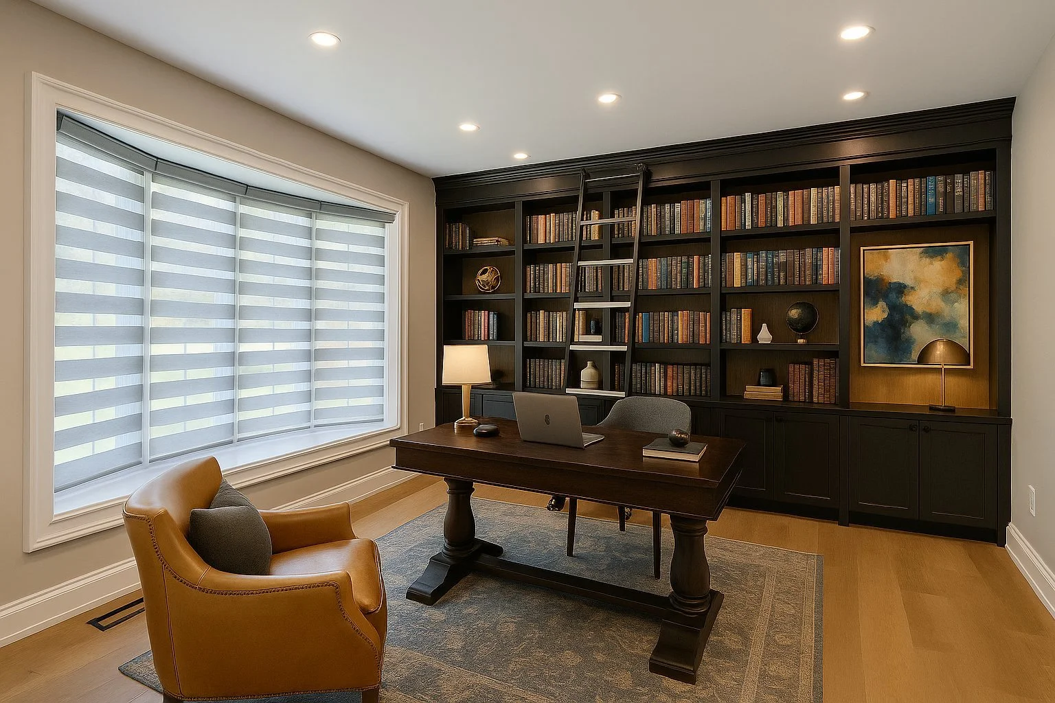 A home office with a large black bookshelf, a wooden desk with a laptop, a table lamp, and decorative objects. A tan armchair with a black cushion faces the desk. The room has a wide window with striped blinds, hardwood floors, and recessed ceiling lights.