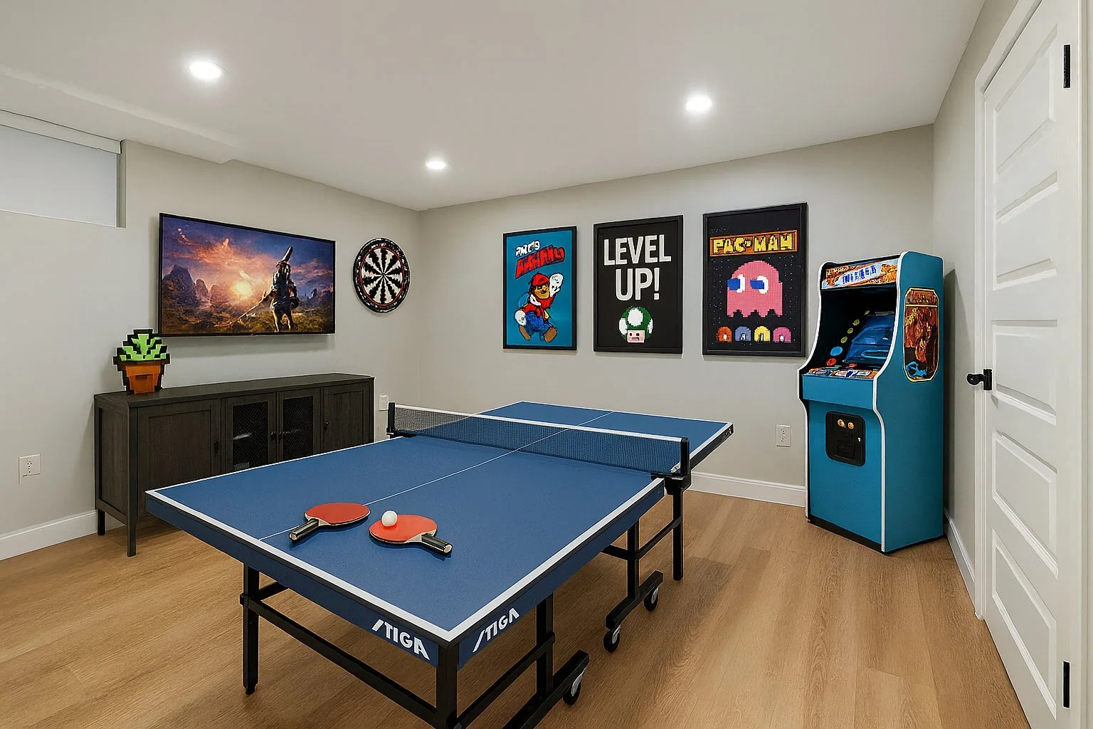 A game room with a blue ping pong table, a wall-mounted TV displaying a landscape with a character holding a bow, arcade game machines, and pixel art posters, including Pac-Man and a Level Up poster.