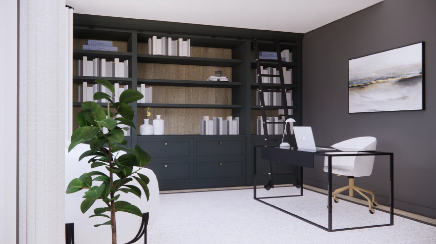 Modern home office with dark gray bookshelf, ladder, white desk, white chair, laptop, abstract wall art, green plant, and white carpet.