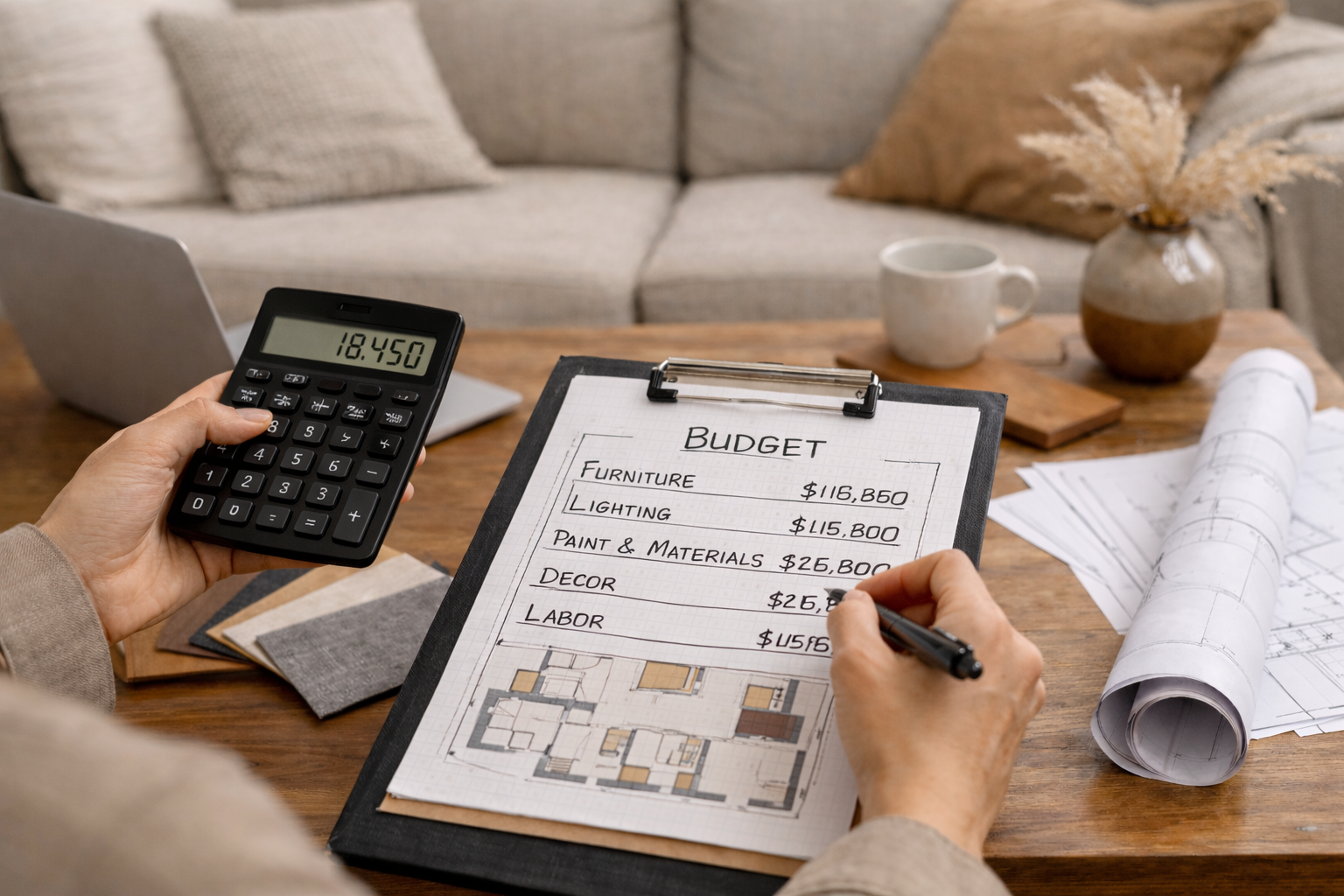 Person calculating a home renovation budget with a calculator, blueprints, fabric samples, and a laptop on a wooden table, with a sofa and a decorative vase in the background.