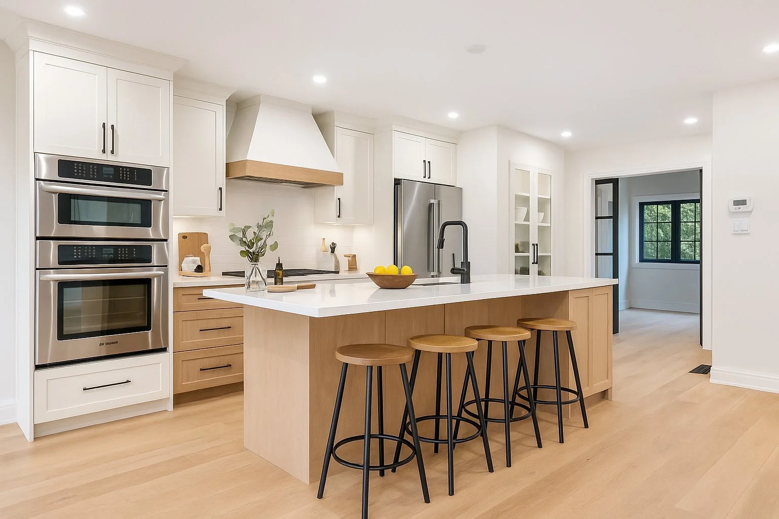 Modern kitchen with white cabinets, stainless steel appliances, a large island with a white countertop, black and wooden stools, and natural light from windows.