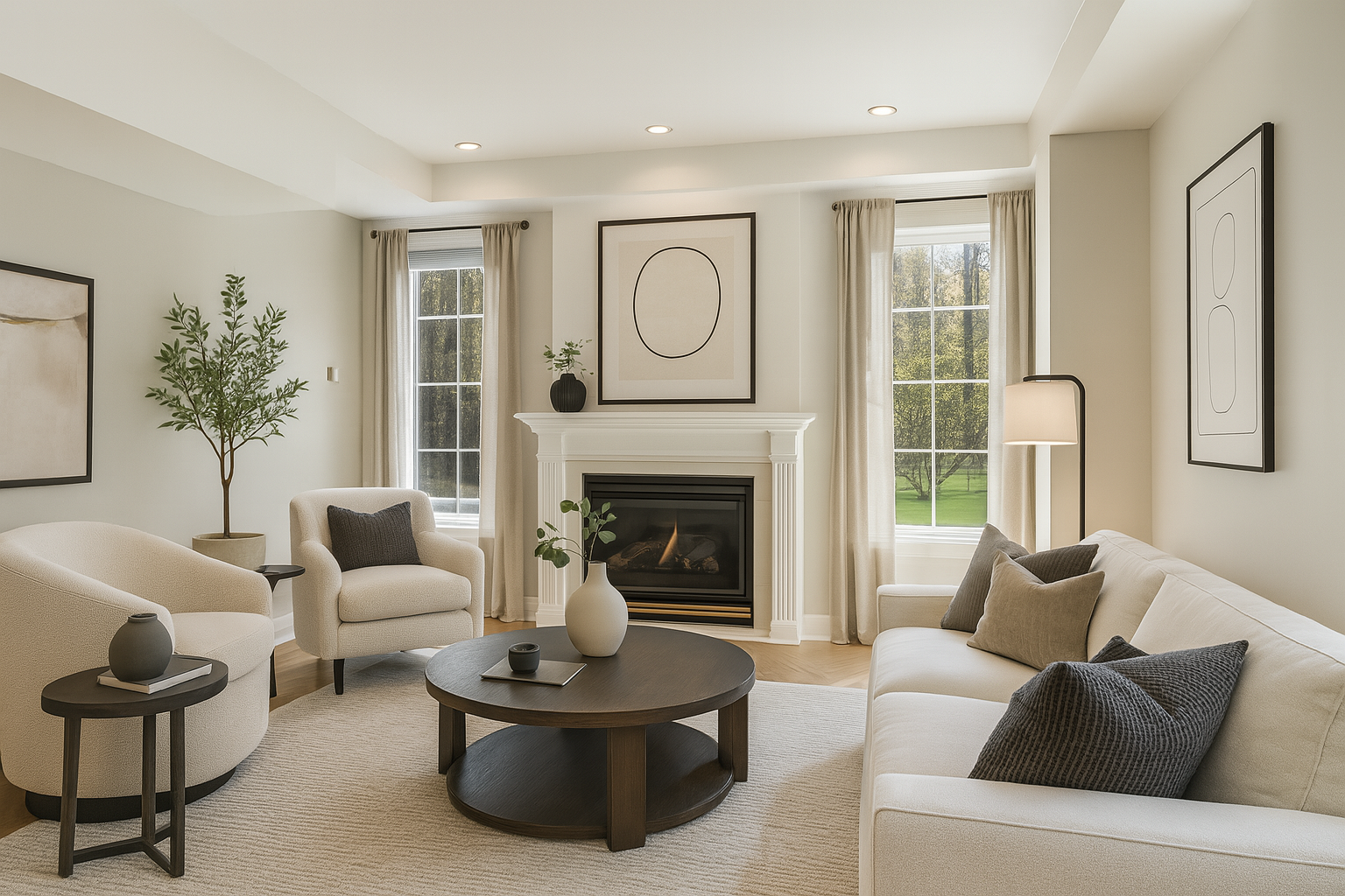 A cozy living room with beige furniture, including a sofa, armchair, and ottoman, centered around a dark wooden coffee table with vases and a tray. The room has white walls, a fireplace with a white mantle, large windows with curtains, and artwork on the walls, all illuminated by recessed lighting and natural light from outside.