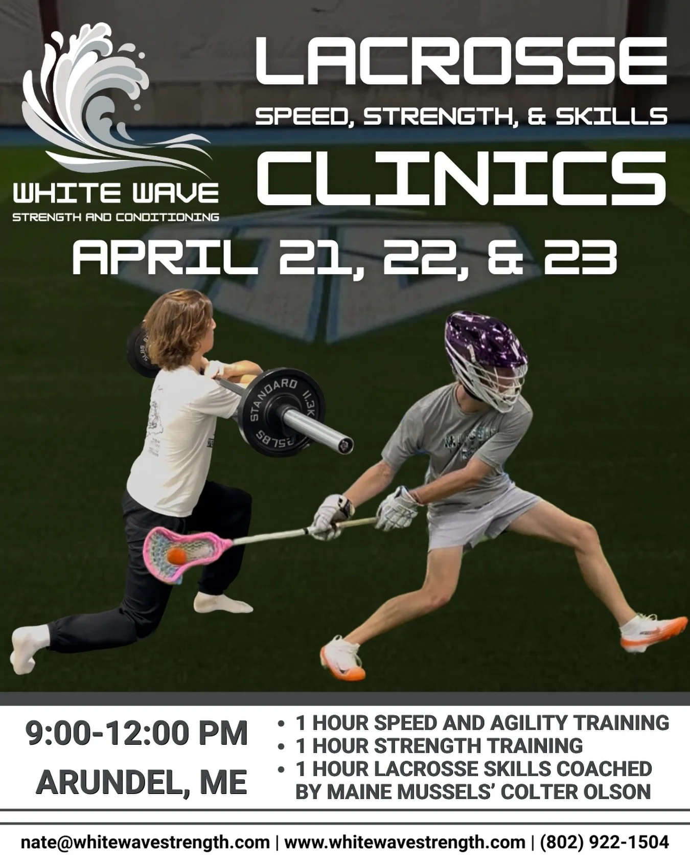 Join us over April break!
Lacrosse Speed, Strength, and Skills Clinics 
Lacrosse skills coached by 2x US All American, Colter Olson
