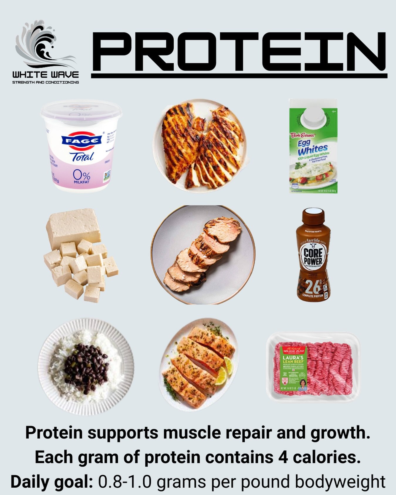 #FoodFriday Protein is the building block for muscle growth and recovery. If you&rsquo;re training hard, you should be conscious of how much protein you consume. Here are some of my favorites:

Greek Yogurt
Chicken Breasts and Thighs
Egg Whites
Tofu
