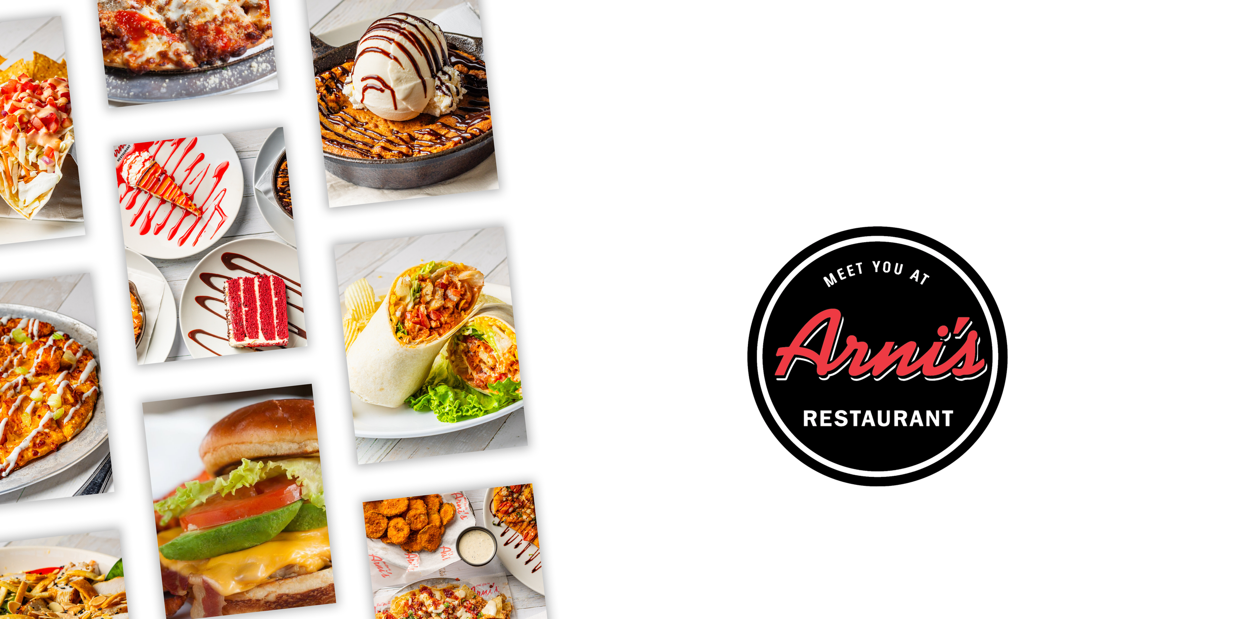 A logo for Annie's restaurant surrounded by images of various food items including pizza, desserts, a taco wrap, fast food burger, fried chicken, and pasta.