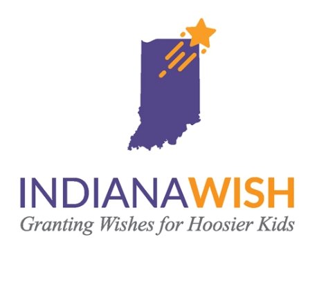 Purple outline of Indiana with a shooting star over the state, and the text 'INDIANA WISH' with the tagline 'Granting Wishes for Hoosier Kids'.