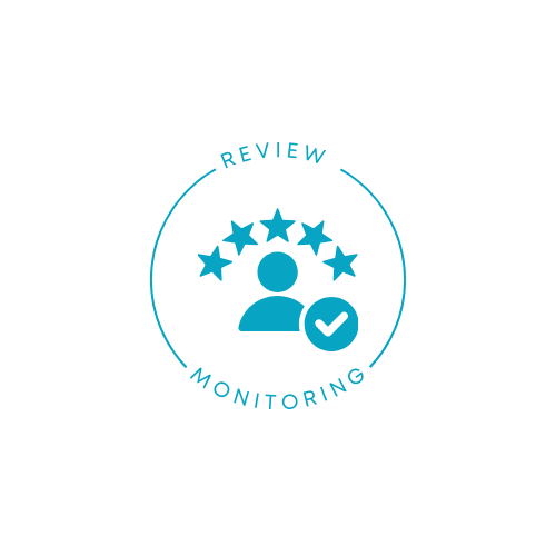 Icon showing a person with five stars above and a checkmark, surrounded by the words "Review Monitoring"