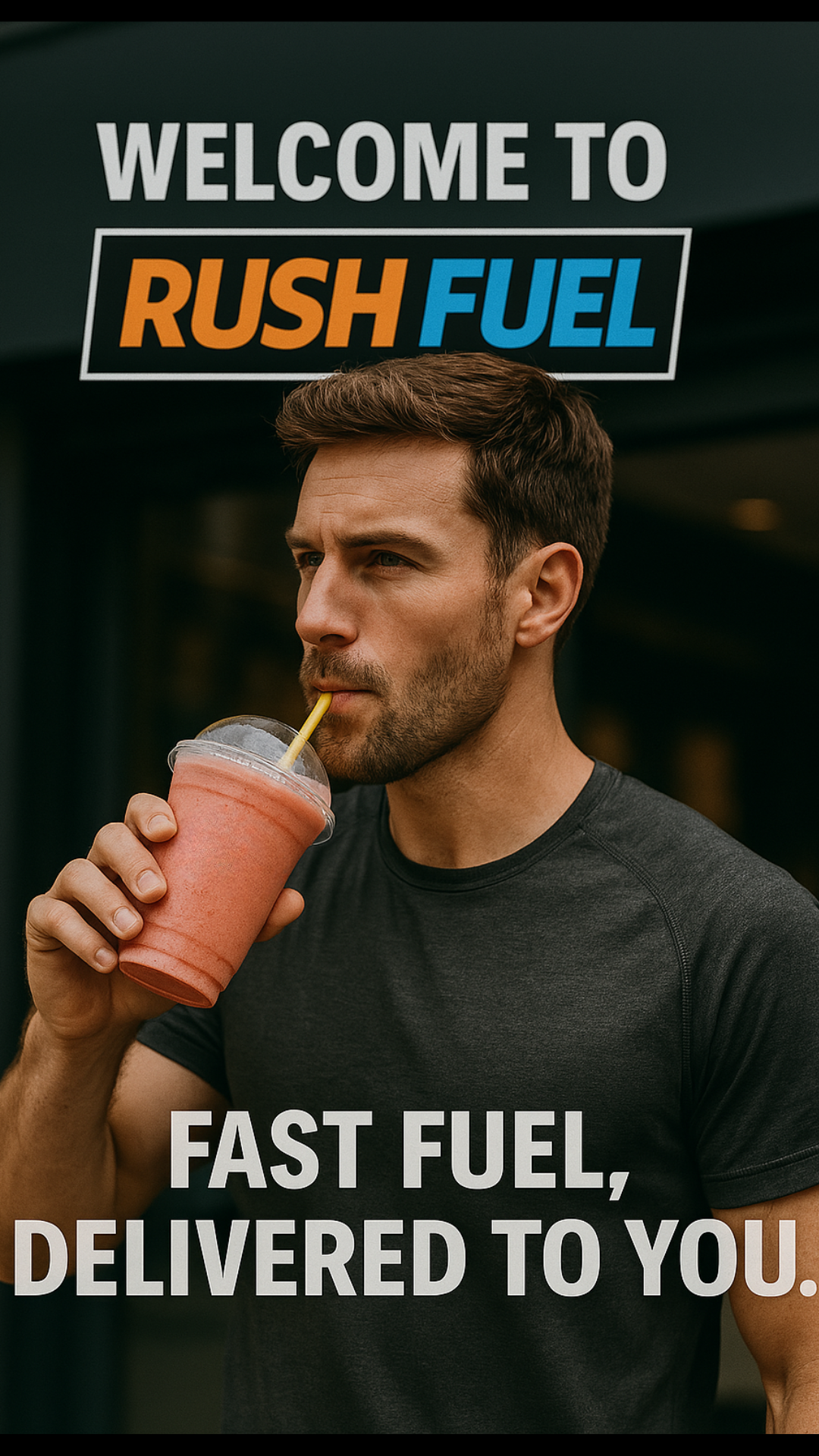 Man drinking pink smoothie outside near Rush Fuel convenience store.