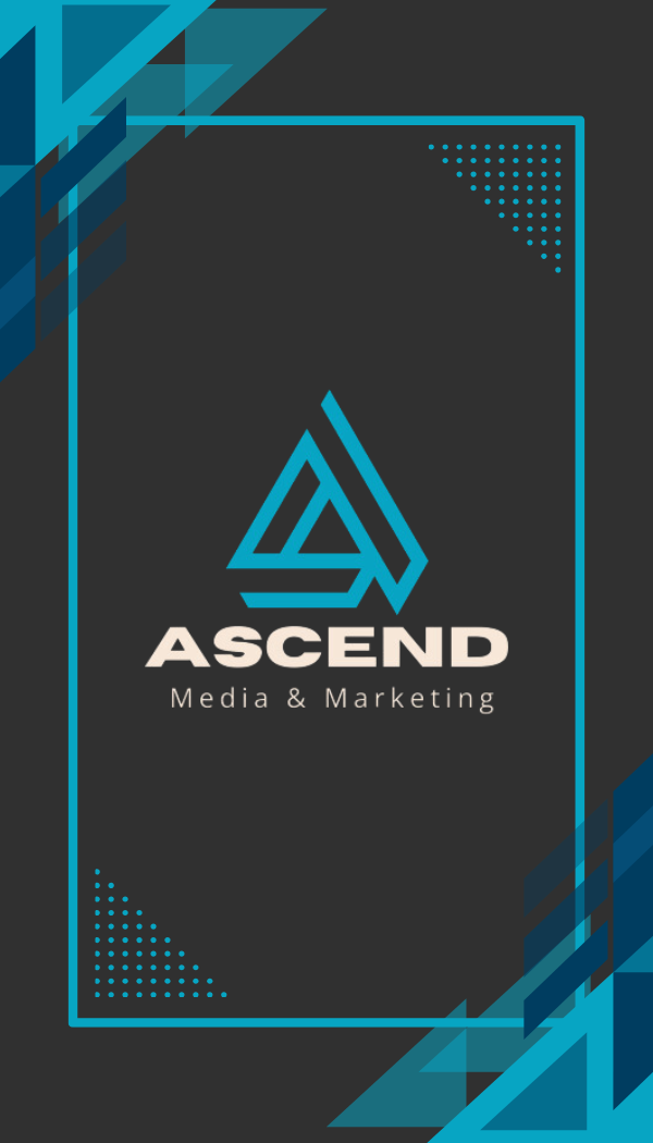 A dark-colored business card or promotional graphic featuring the logo and name of 'ASCEND Media & Marketing' with a geometric design in shades of blue.