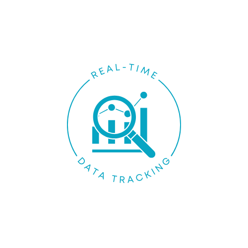 Icon with a magnifying glass over a bar chart and a line graph, surrounded by the text 'Real-Time Data Tracking' in blue.