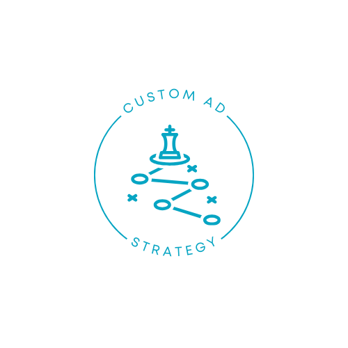 Logo with a chess king piece on a strategic game plan, surrounded by the text "Custom Ad Strategy" and a circular outline.