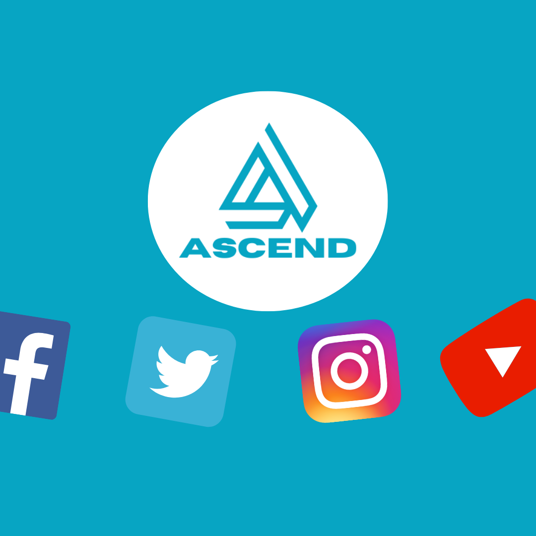 Blue background with a white circle containing a blue geometric logo and the word 'ASCEND'. Below, icons for Facebook, Twitter, Instagram, and YouTube.
