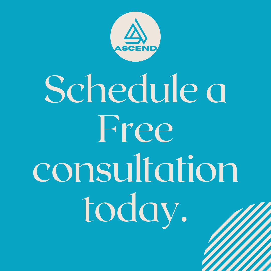Blue background with white text reading 'Schedule a Free consultation today.' and a logo at the top with the word 'ASCEND'.
