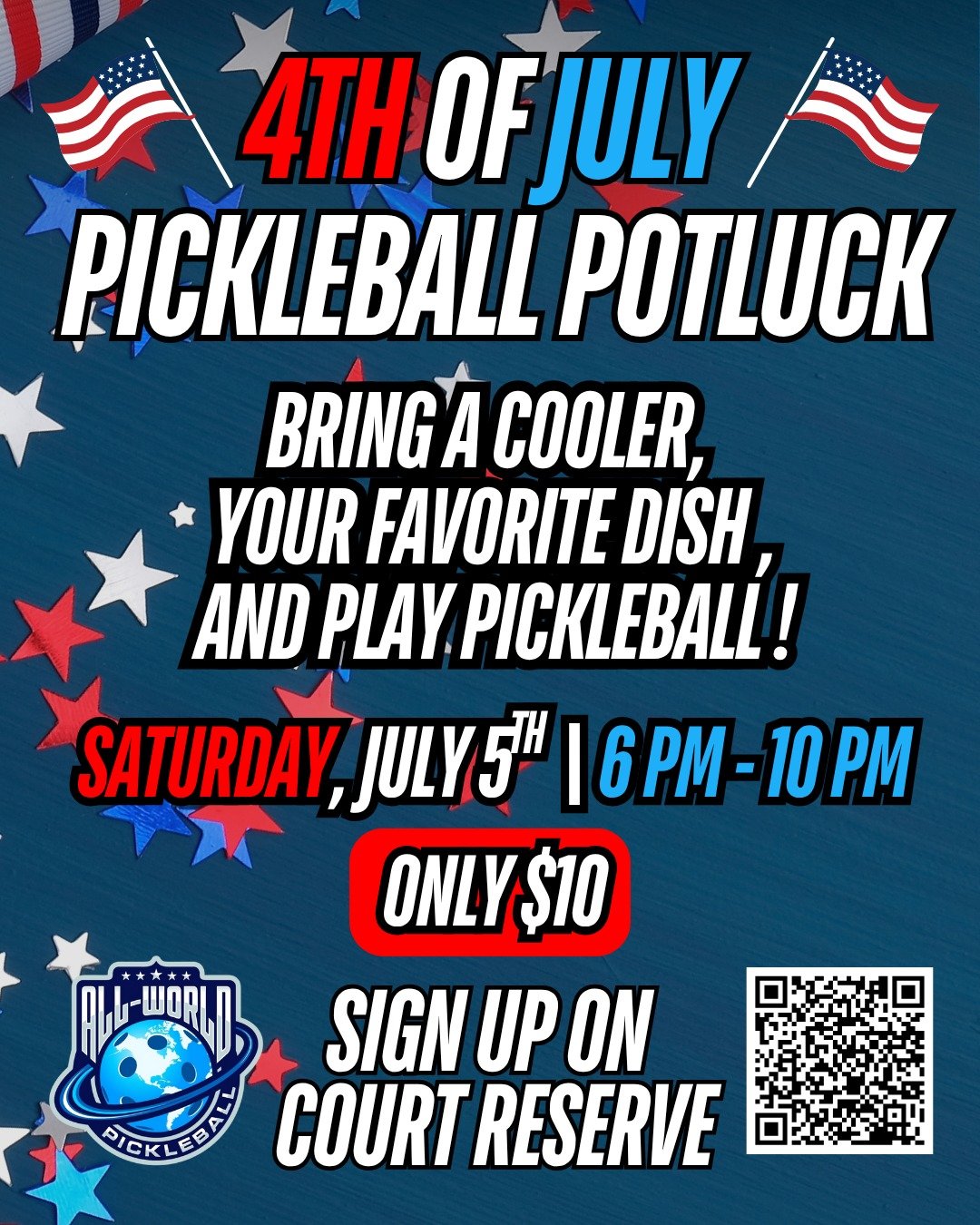 🎆 4TH OF JULY PICKLEBALL POTLUCK! 🇺🇸🌭🌎
Let’s celebrate freedom the All World Pickleball way — with food, fun, and fierce rallies! 💥
📍 All World Pickleball - 11650 Hudson Rd Suite 200, Woodbury, MN 55129
📅 Saturday, July 5th
🕕 6