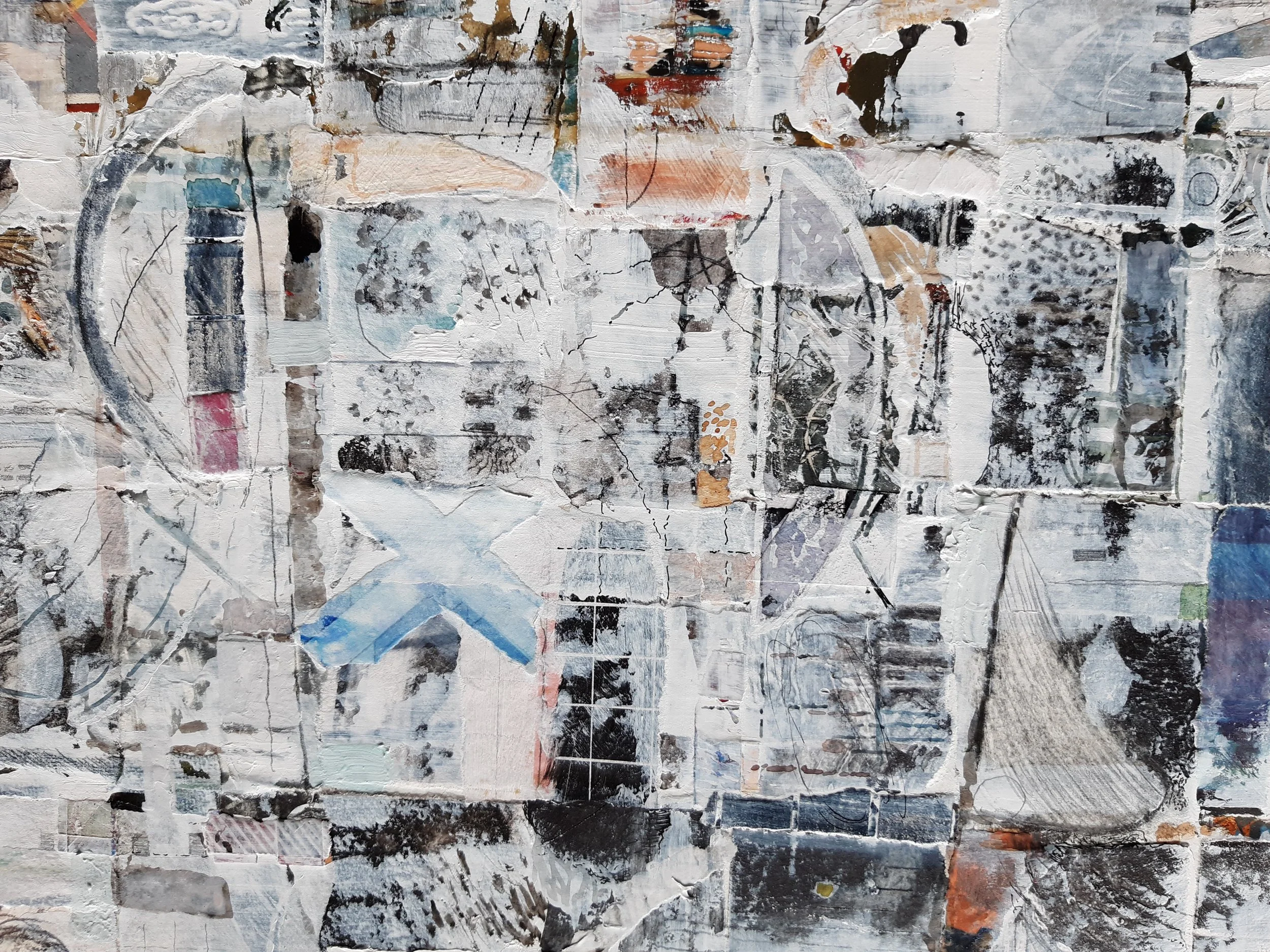 This is a detail of a mixed media work " Then and Now " that includes collage fragments worked over and made  from artworks made over 40 years 