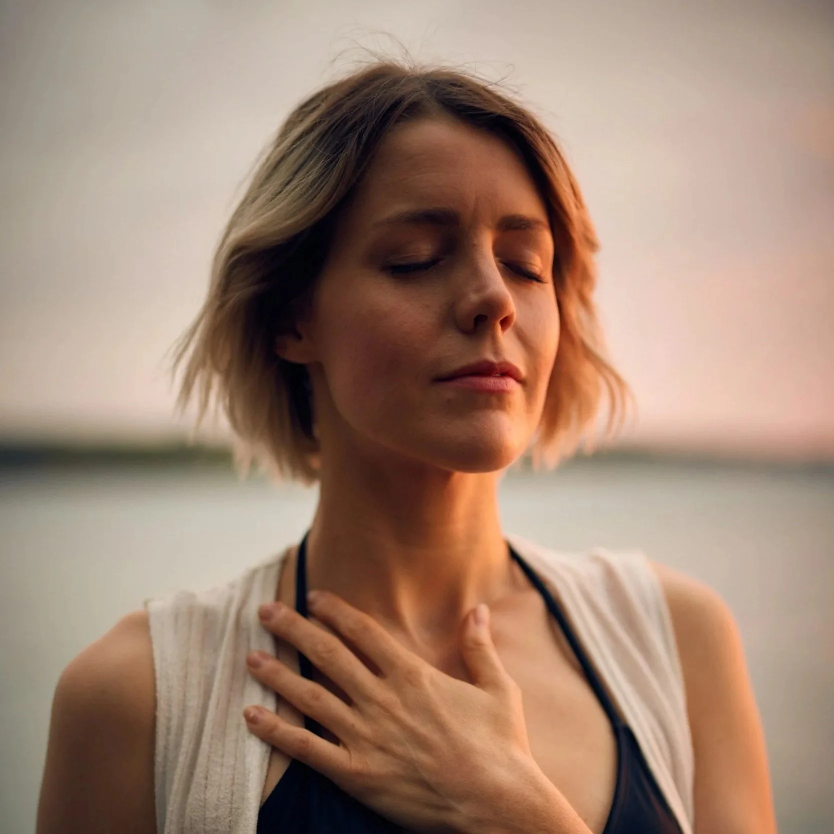 A woman with short blonde hair and closed eyes, touching her chest with her hand, standing outside during sunset.