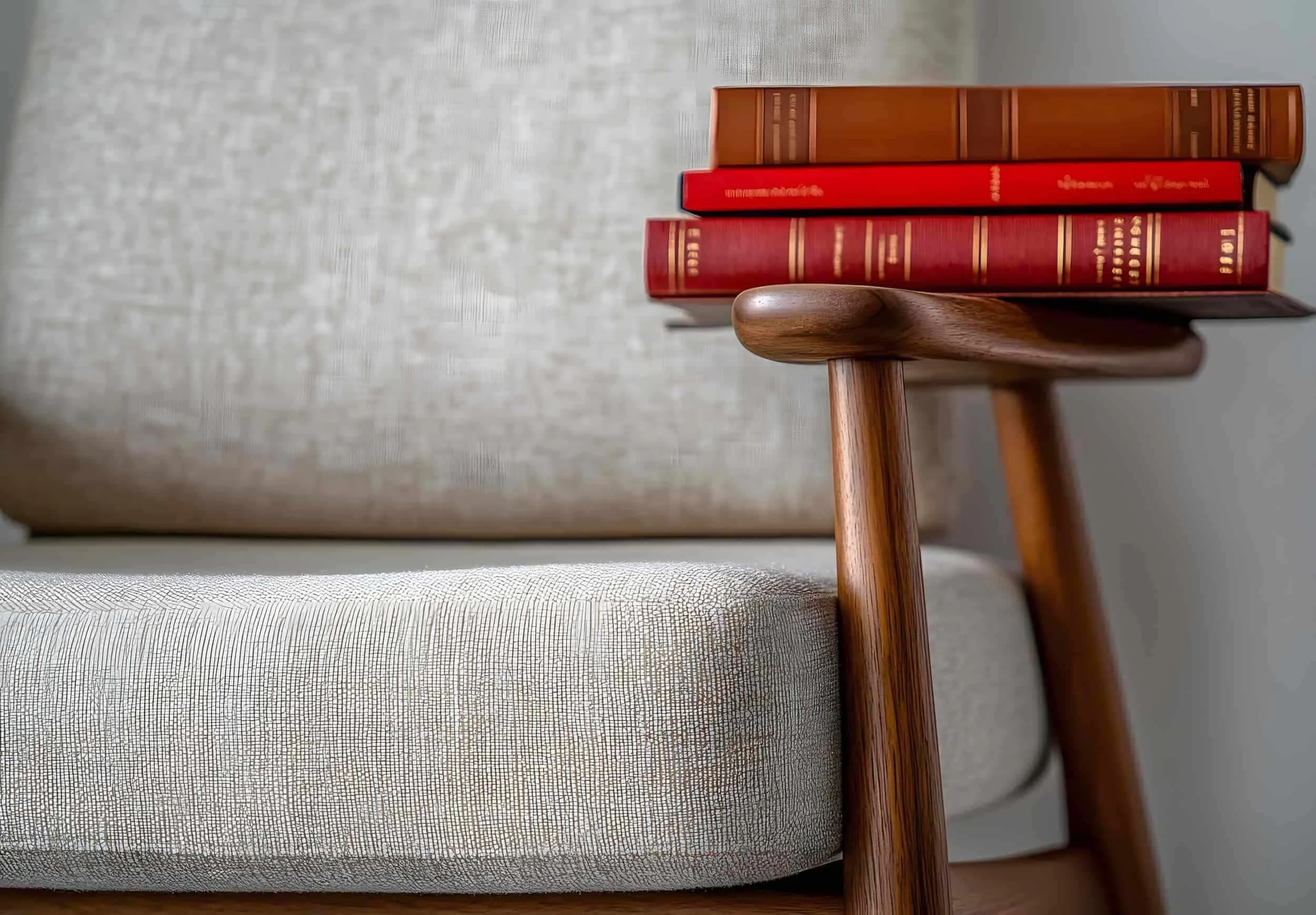 Four stacked red books on a chair suggest deep focus—perfect for diving into EMDR intensives research in a calm setting.