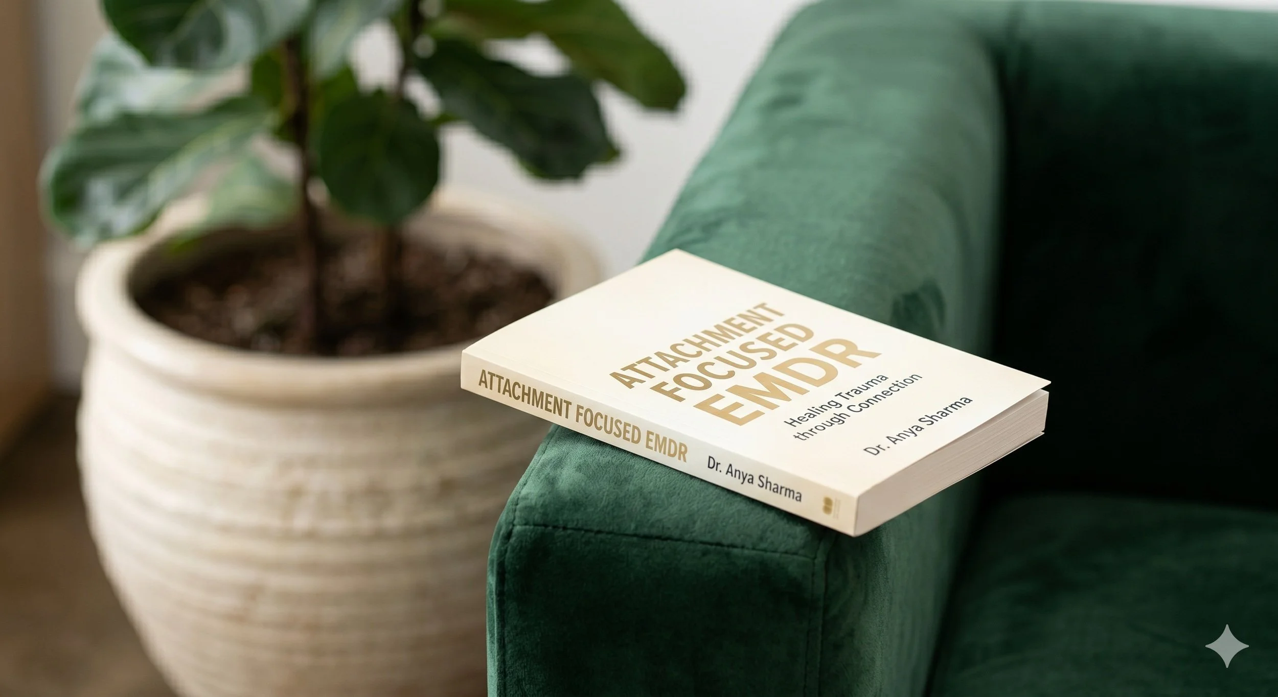 A book titled 'Attachment Focused EMDR' by Dr. Anya Sharma resting on a green velvet armchair, with a potted plant in a white ceramic pot in the background.