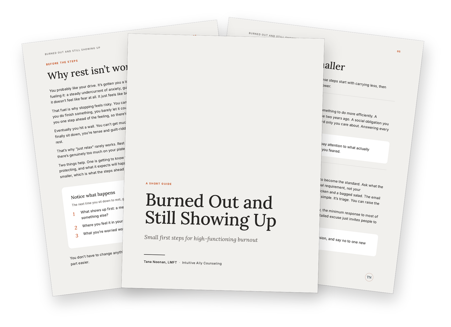 Preview of the free guide Burned Out and Still Showing Up, showing the cover and inside pages.