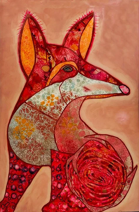 THE FOX, 36x26, alcohol inks, mixed media, resin on wood panel