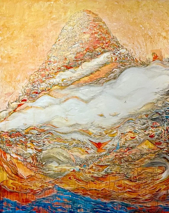 An abstract painting of a mountain with a misty white cloud and a bird flying near the base, using warm earth tones and textured brushstrokes.