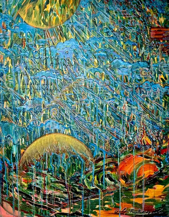 Abstract painting with vibrant blue, yellow, and orange colors, featuring multiple circular shapes resembling suns or moons, and layered lines and patterns creating a dynamic composition.