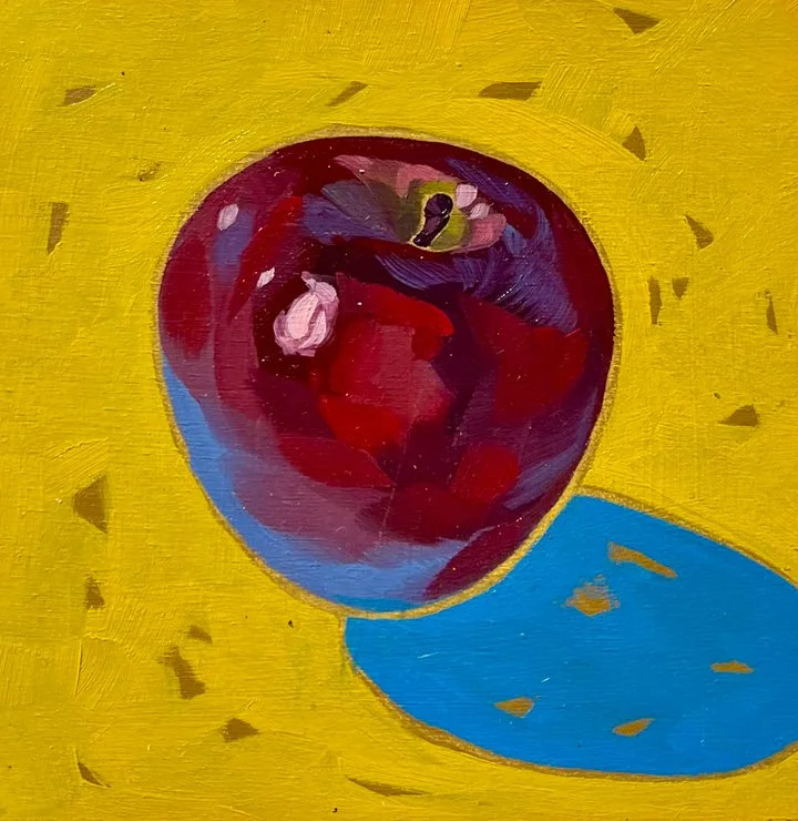 A close-up of an abstract painting of a red and purple cherry with green leaves on a yellow background, with a blue shadow underneath.